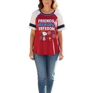 Peanuts Snoopy Woodstock T-Shirt Womens L Red White Navy Patriotic Graphic